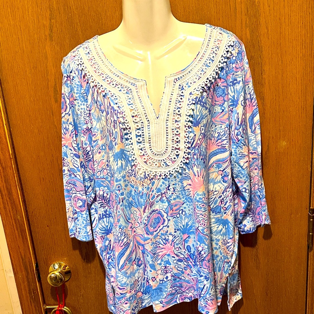 Talbots Blue and Pink Floral Blouse 1xp new with tags embroidered